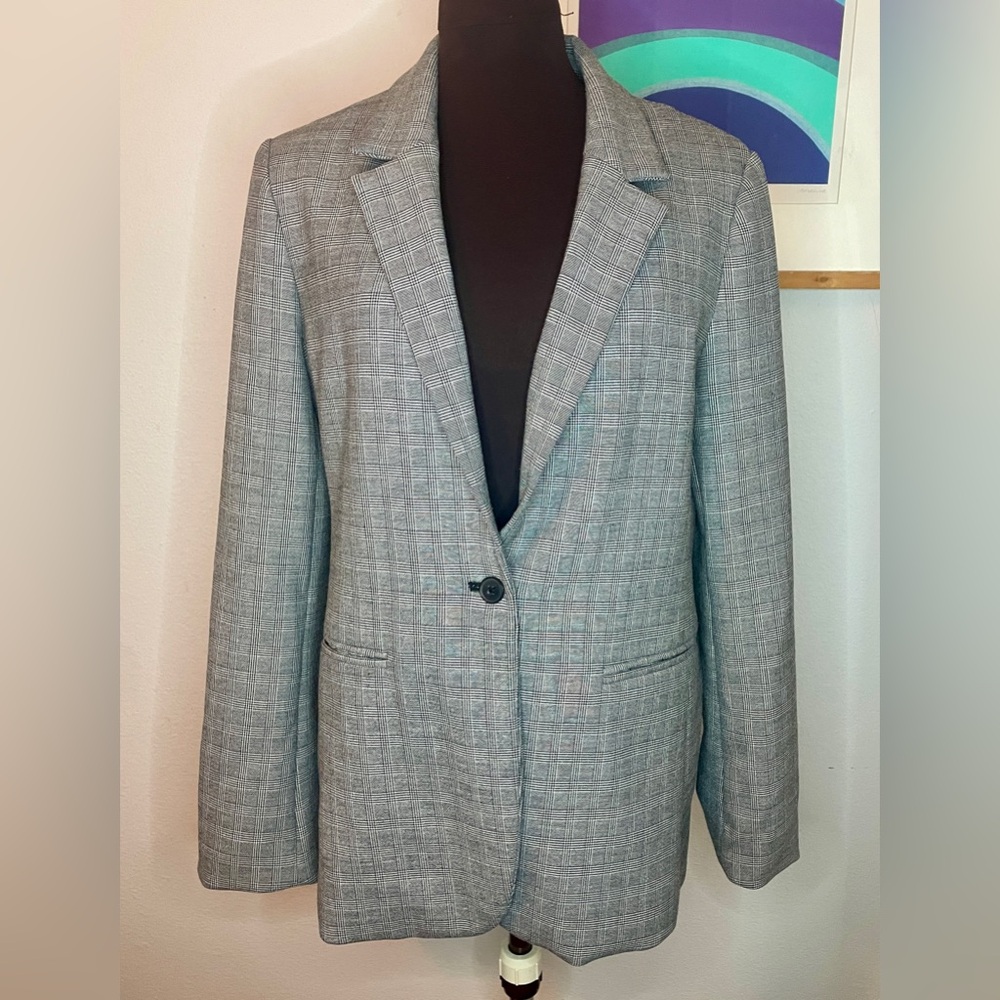 GAP Single button classic fit black white glen plaid long line blazer size 12